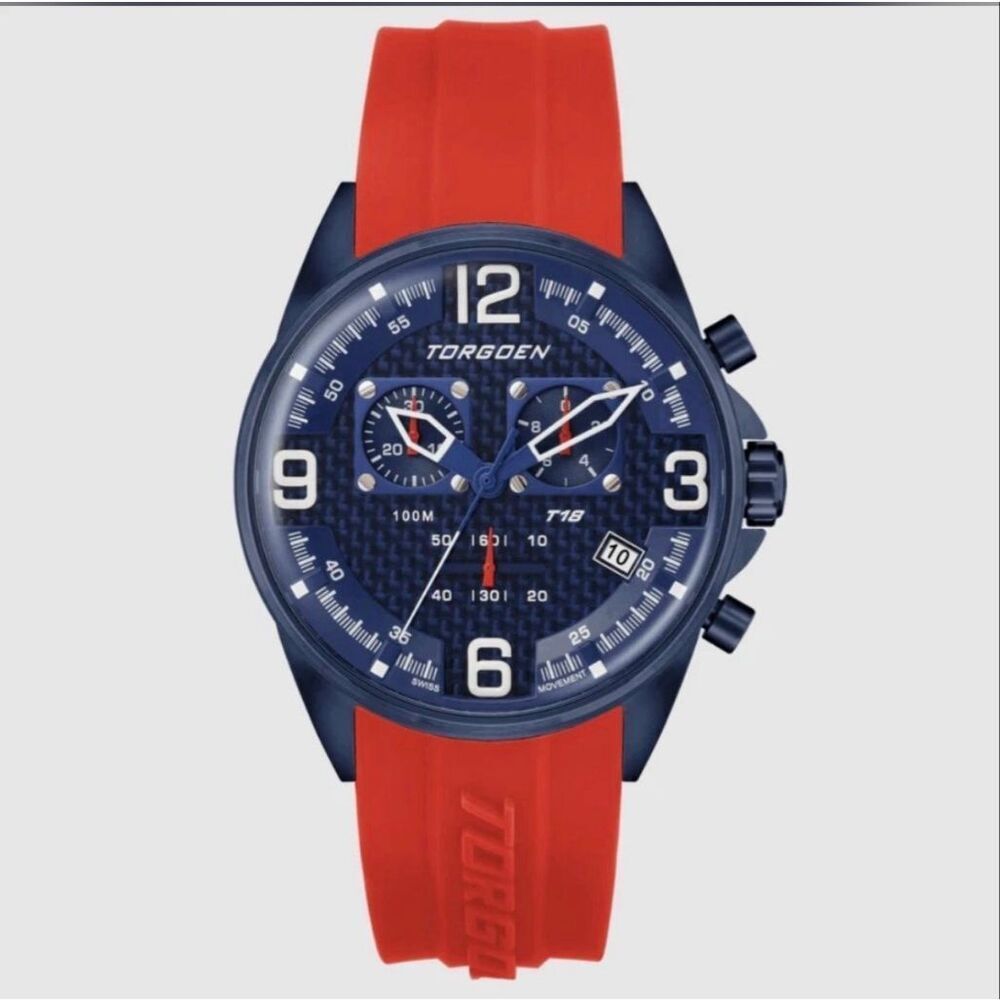 Torgoen TN-1268 T18 Professional Pilot Watch Multidial Red Silicone Band NWT